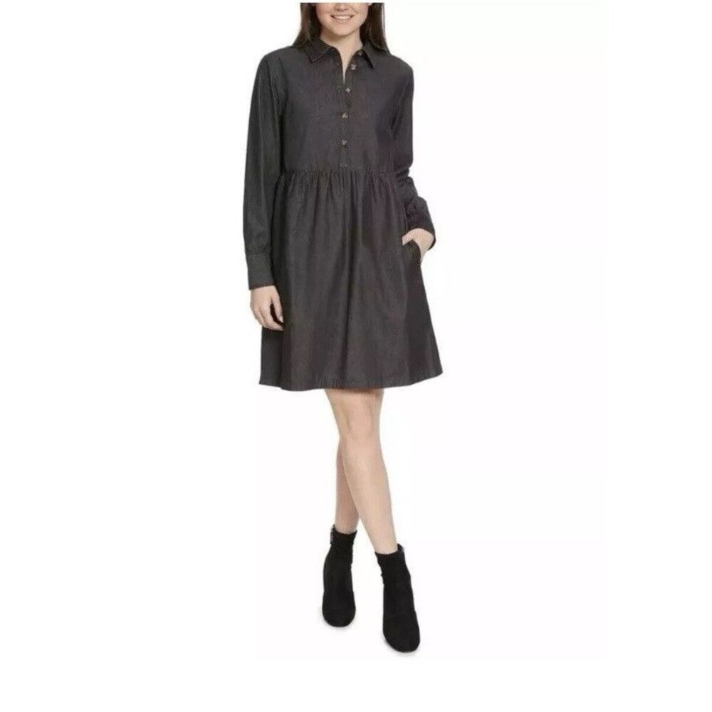 Nine West Jean Dress Womens XS Black 100% Cotton Pockets Soft Denim Knee Length